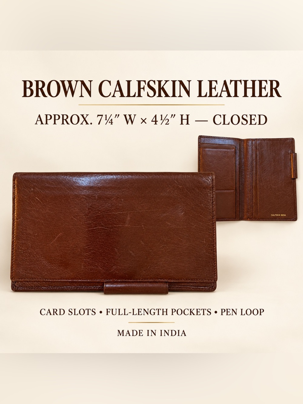 Vintage Brown Calfskin Leather Secretary Travel Wallet Organizer- Brown